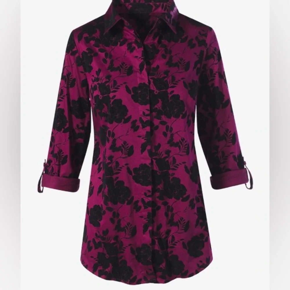 Contemporary Floral Flocked Button-Down Tunic - Size - Large - Monrovia - Picture 2 of 12